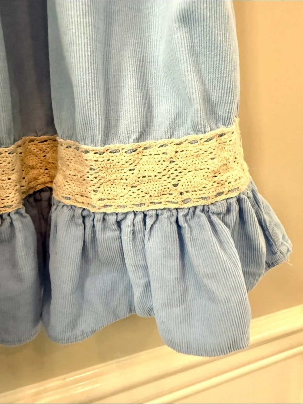 Smockingbird Girls Blue Cotton Lace Dress Puff Sleeve Ruffle Size 5